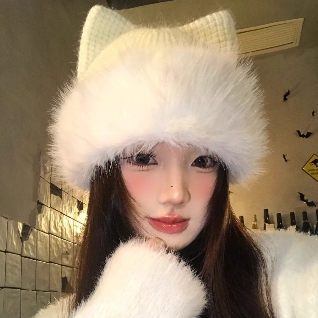 可爱猫耳朵白色护耳毛线帽女士秋冬季加厚保暖显脸小针织毛绒帽子