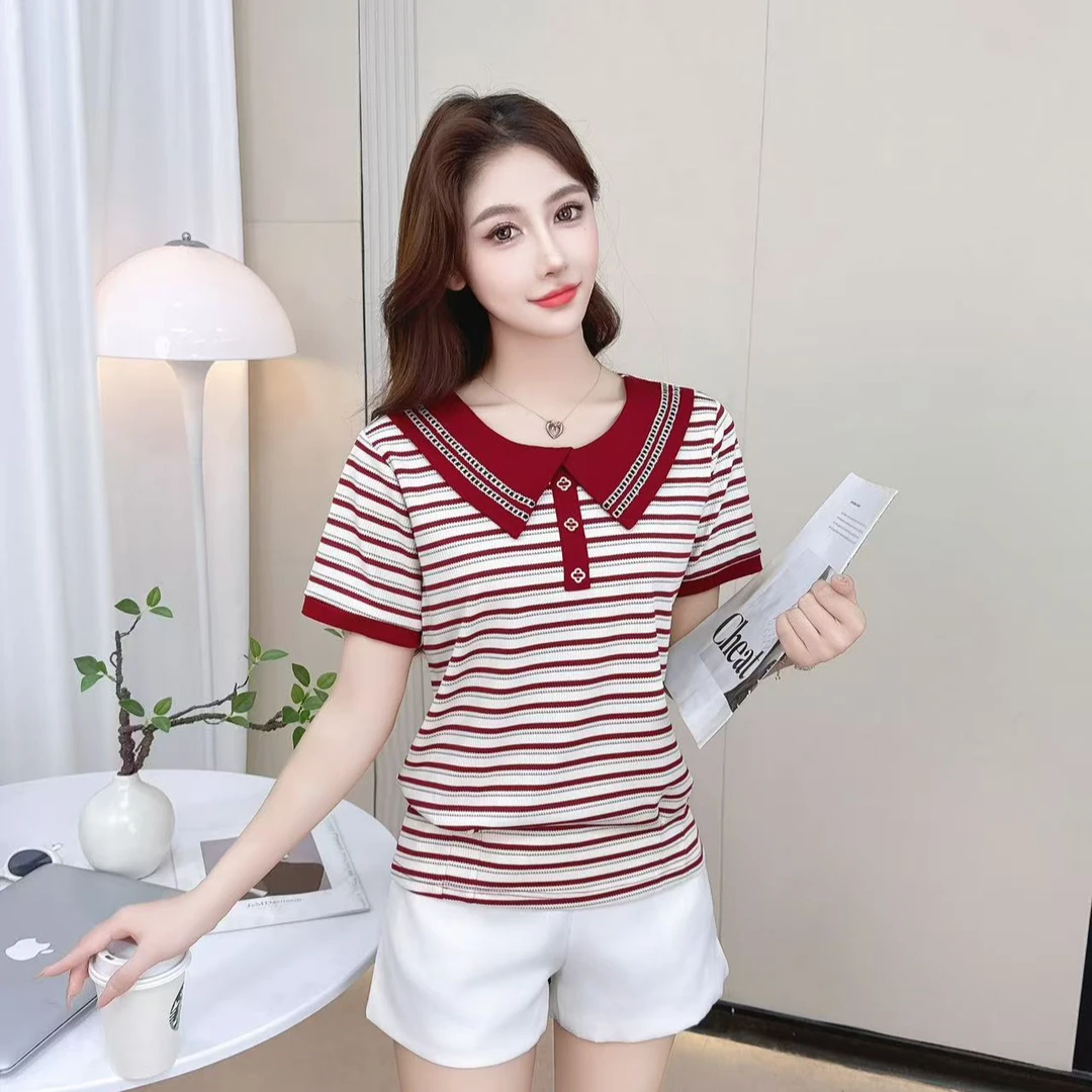 5812衣长55条纹t恤短袖2024新款夏季时尚洋气时髦娃娃领短款上衣