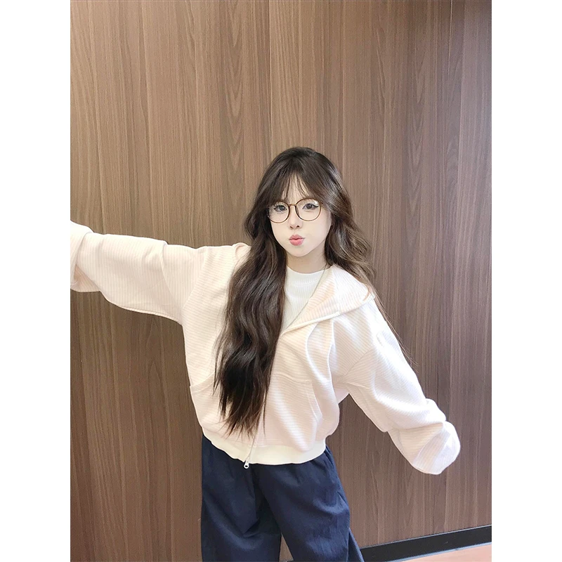 韩版腊肠狗绣花粉色条纹拉链短款加厚外套秋冬小众甜美连帽卫衣女