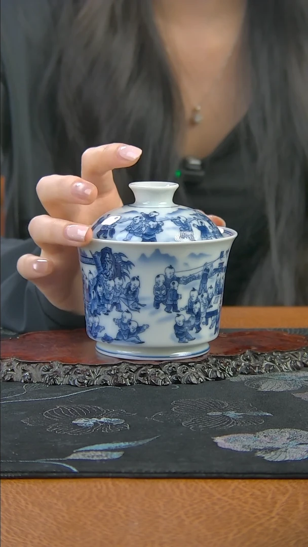 景德镇陶瓷青花百子图盖碗