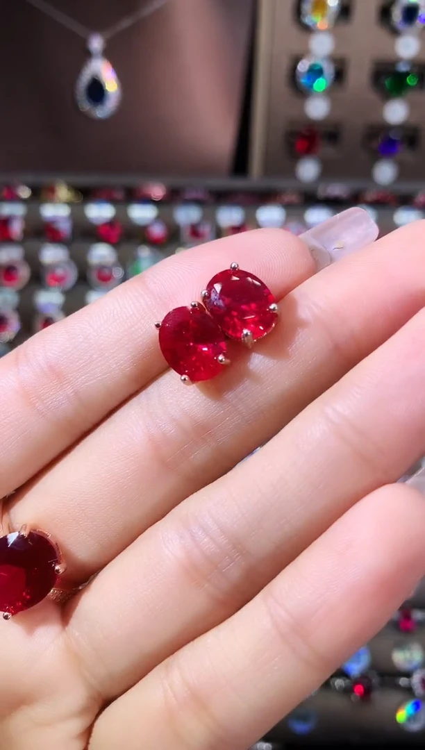 银S925镶嵌耳饰红宝石810玫瑰金