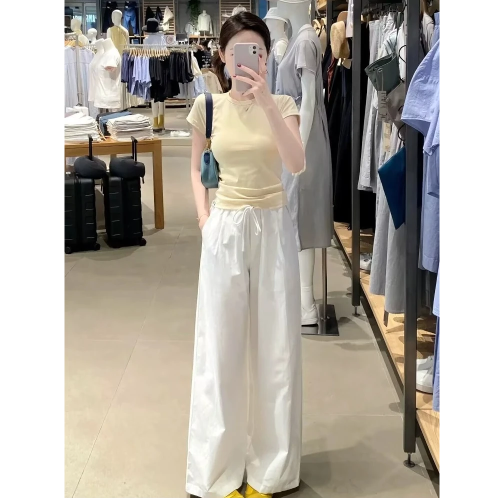 温柔风夏季穿搭套装女气质百搭黄色正肩短袖上衣高腰阔腿裤直筒裤