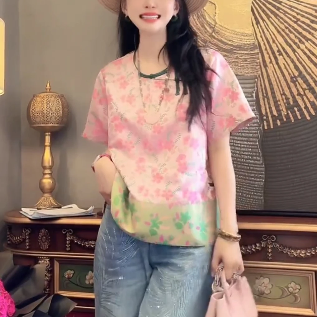 2025夏季新款新中式桃粉色人丝提花圆领休闲深圳南油高端女装直播
