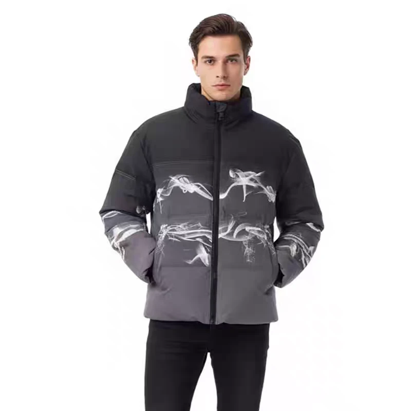 90白鸭绒男女冬季烟云印花立领宽松羽绒服外套 12082