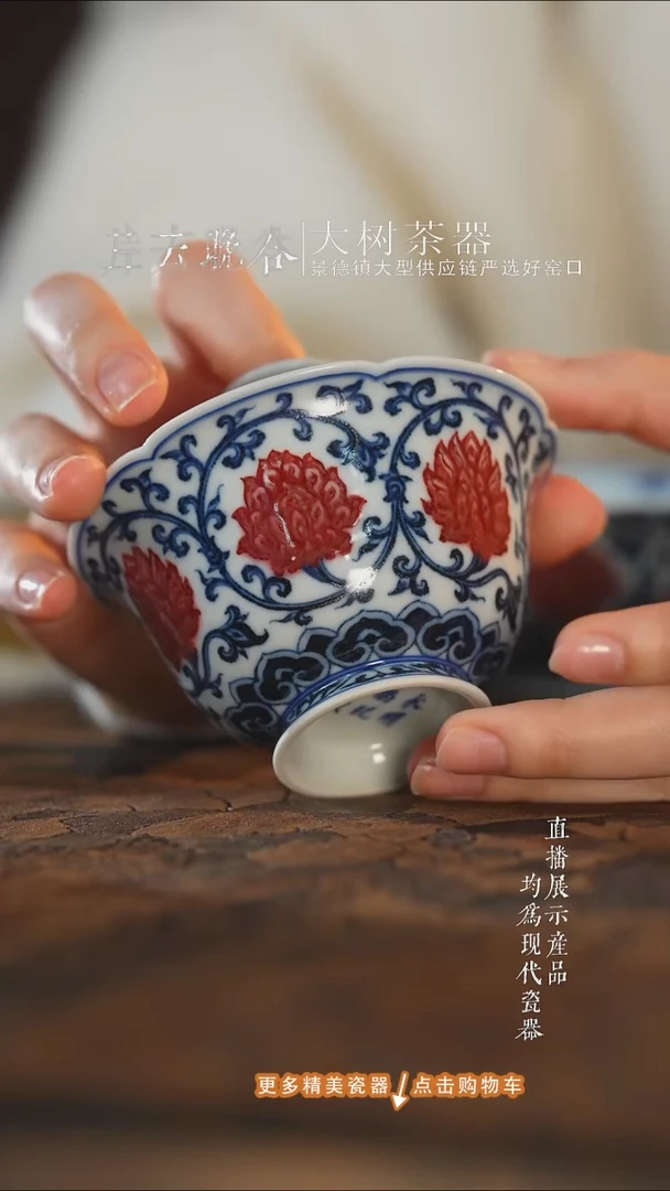 杯子陶瓷永明尚玩青花釉里红双勾莲盖碗