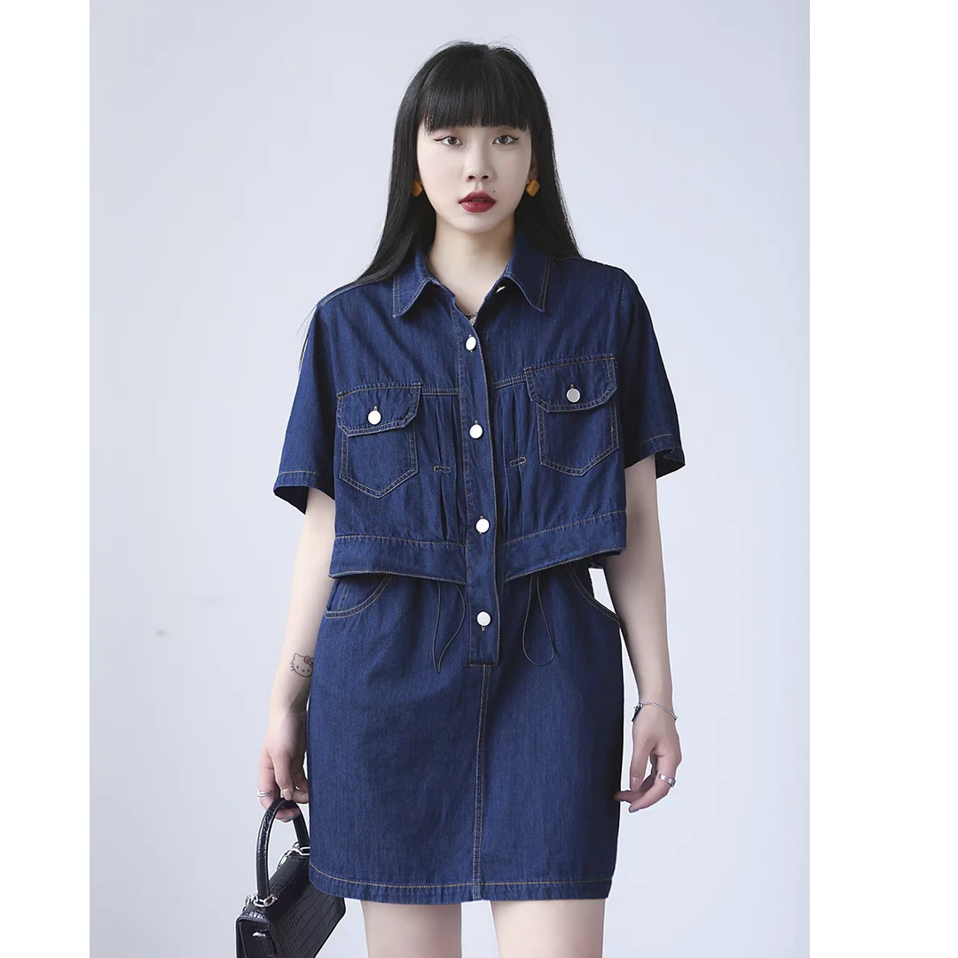 「青和月服饰」夏季设计感假两件工装牛仔裙通勤气质连衣裙女