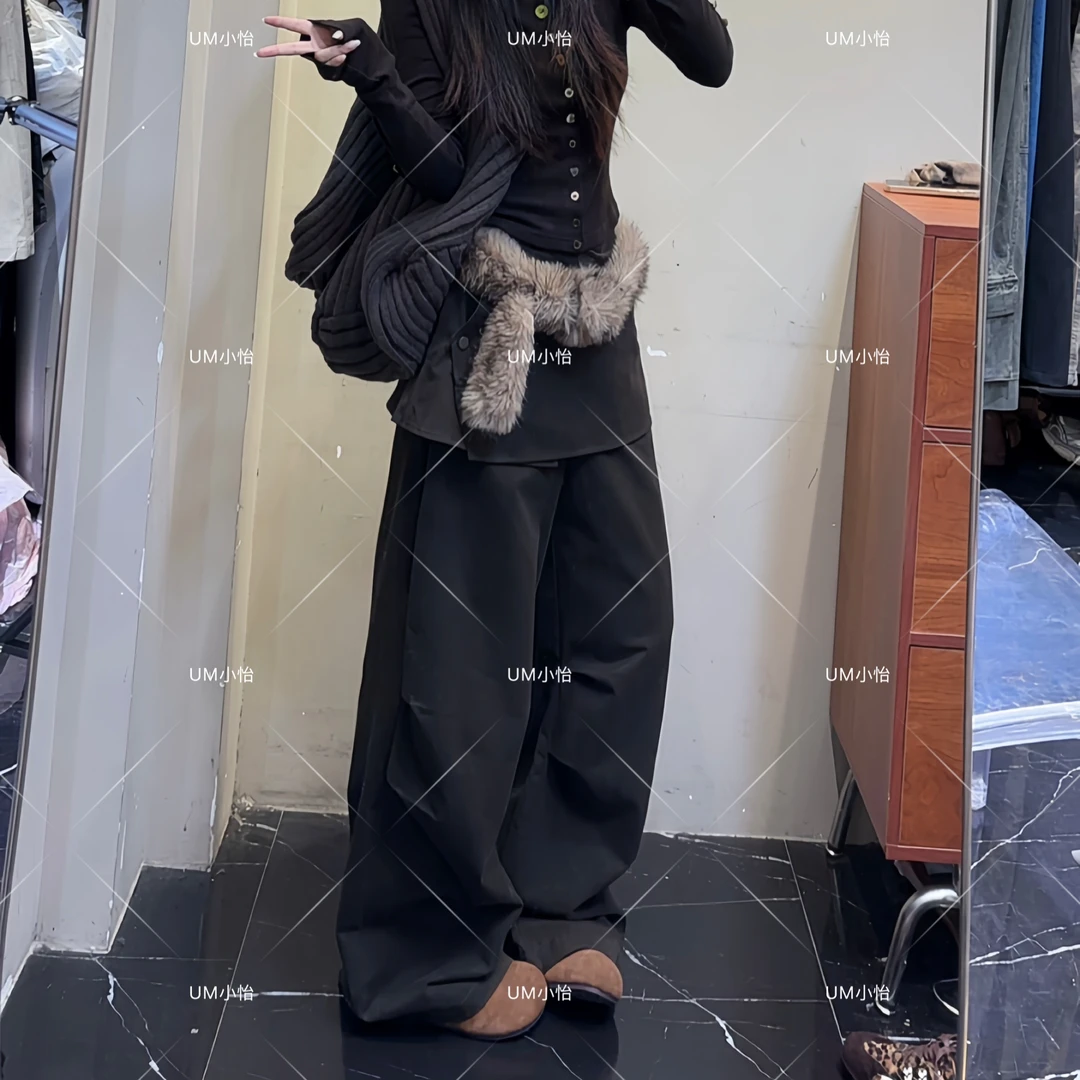 鑫怡定制【暮色絮语】秋季新款美式复古女假两件显瘦休闲宽松阔腿裤
