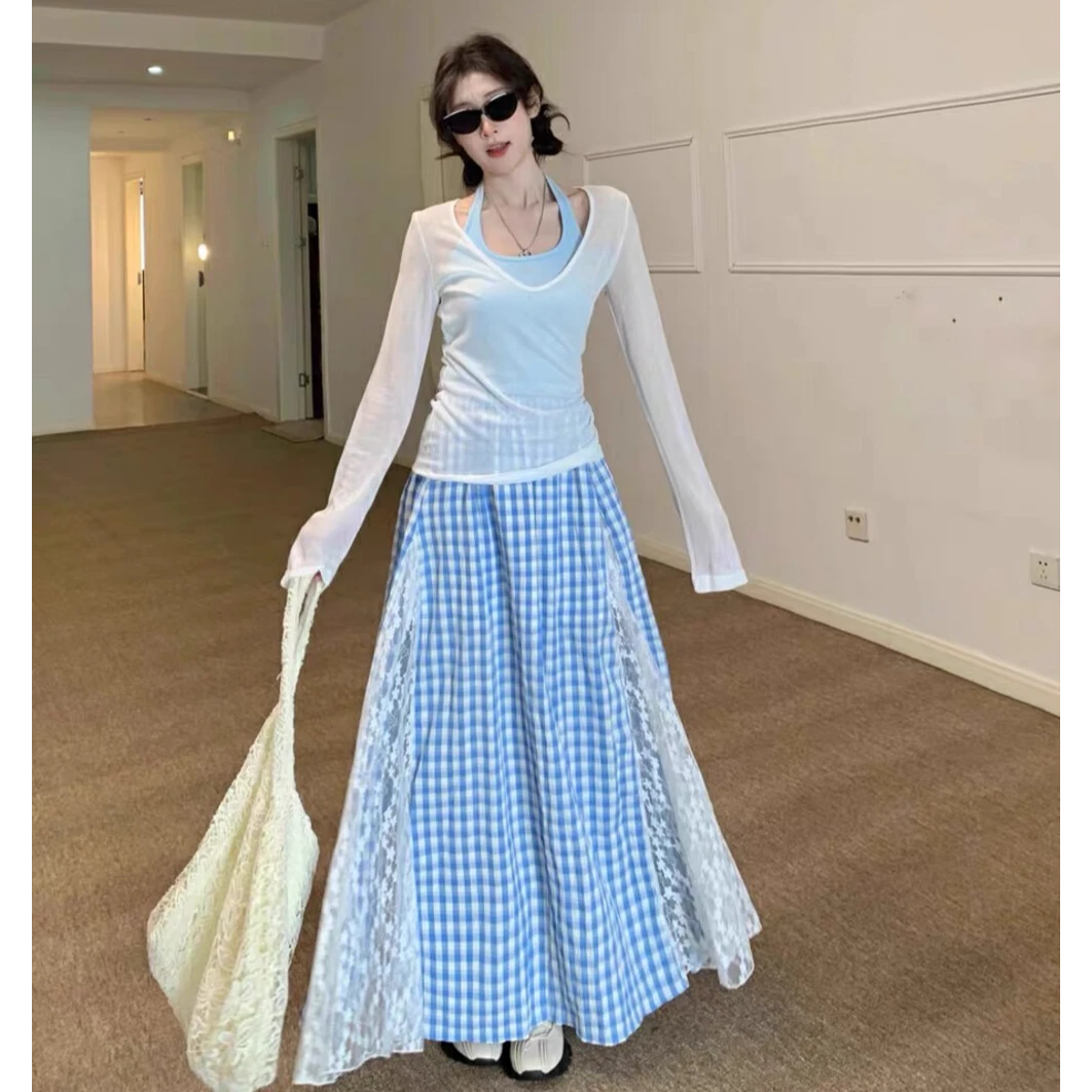 欧若风白色罩衫T恤女背心春季蕾丝拼接格子半身裙三件套装A1215