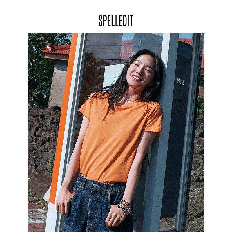 SPELLEDIT夏季新品斜开叉T恤简约日常韩版纯色短袖上衣女
