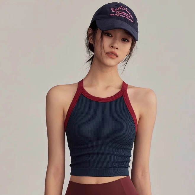 带胸垫运动背心女聚拢防震跑步内衣外穿复古瑜伽服修身工字文胸夏