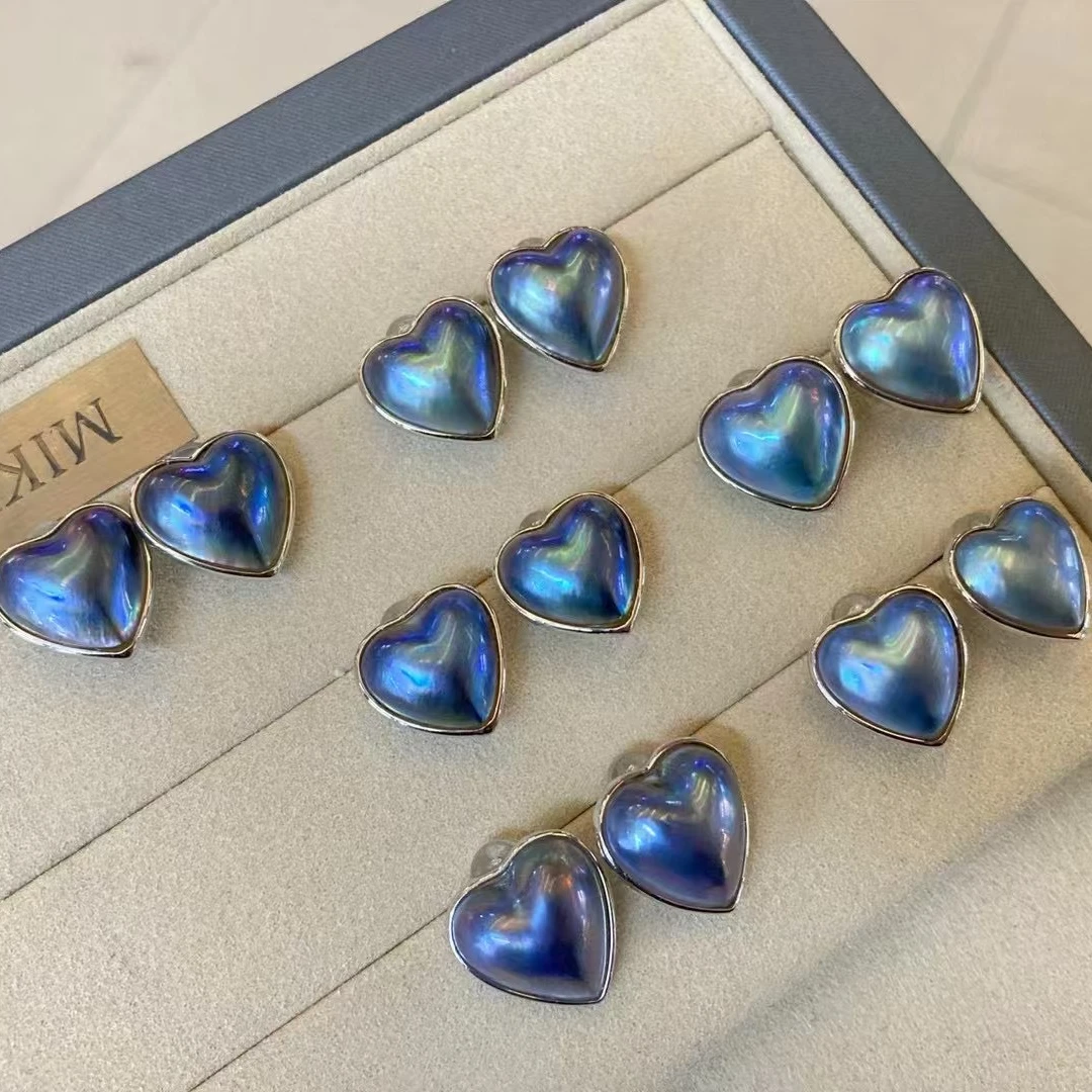 天然海水蓝爱心马贝耳钉极光海洋之心银S925镶嵌精工（多样性发一）