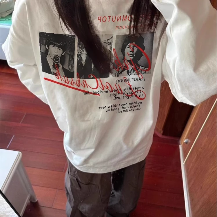 秋季美式T恤休闲纯棉长袖T恤男女胖复古港味ins潮牌宽松圆领内搭