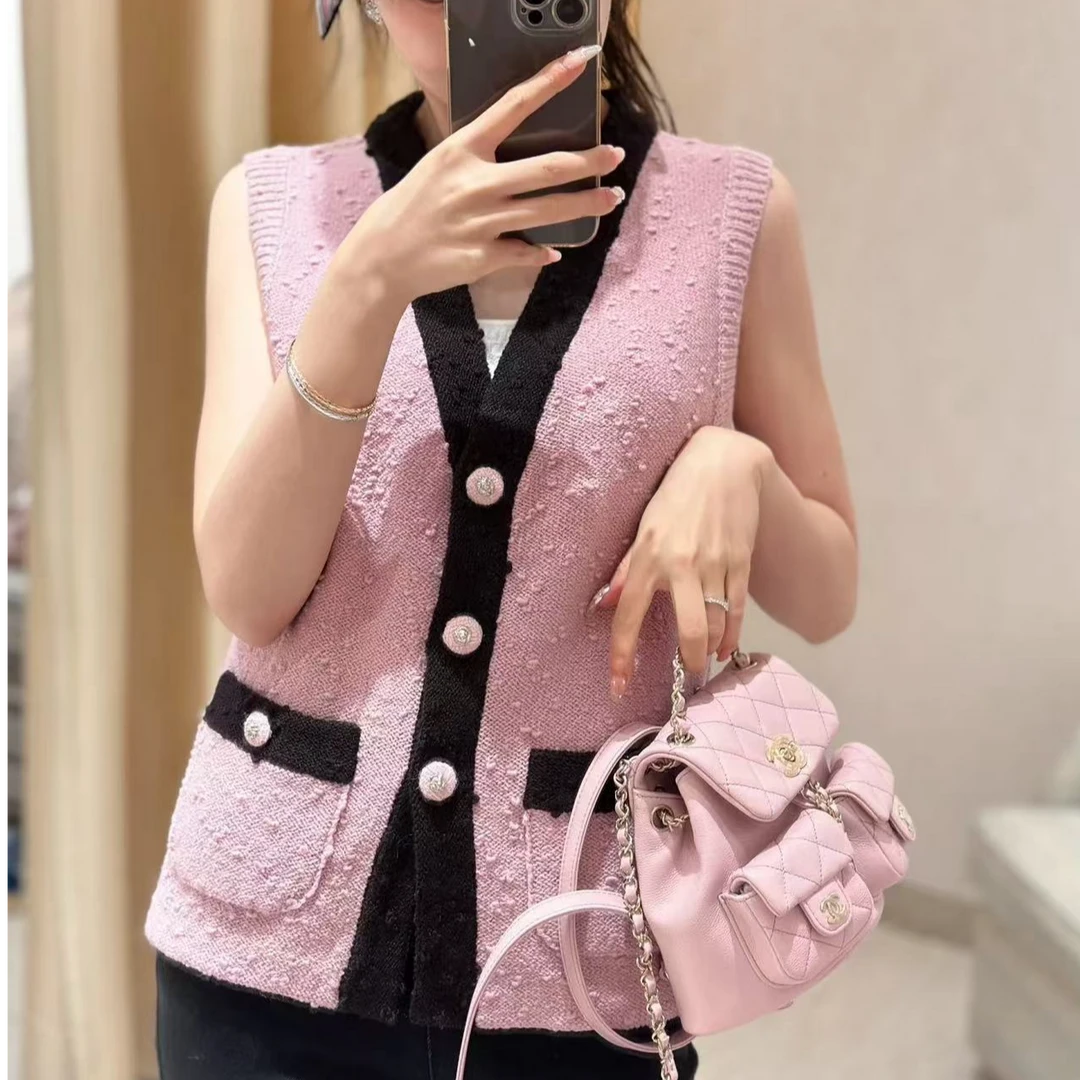 99新 Chanel/香奈儿 25C新款粉色V领马甲36码