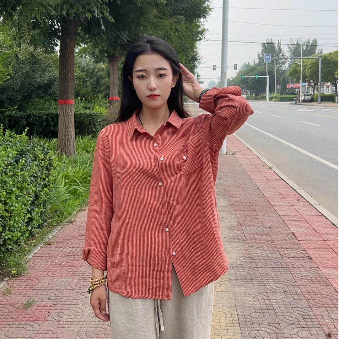 2025同款衬衫夏秋季文艺条纹衬衣休闲百搭