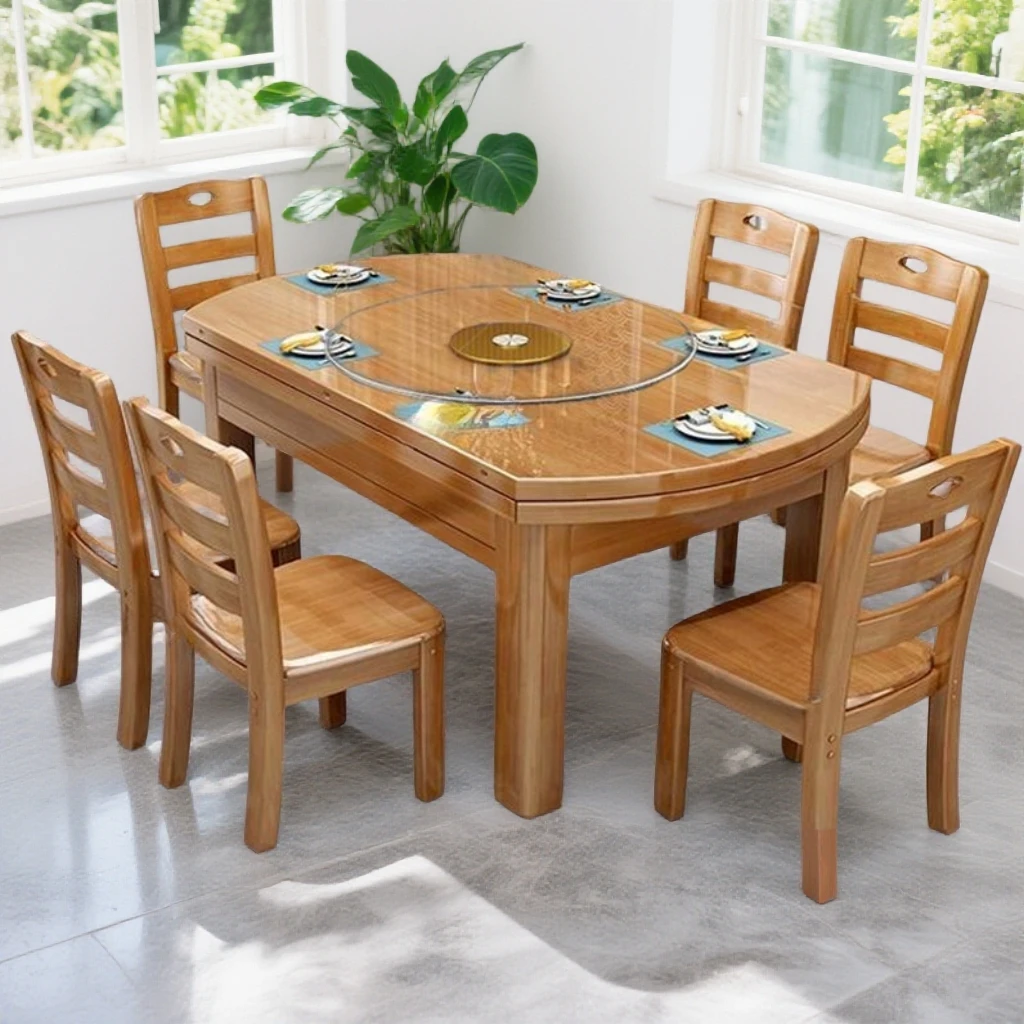 家用圆桌转盘实木折叠可伸缩圆桌餐桌圆餐桌大转盘桌子小户型简约