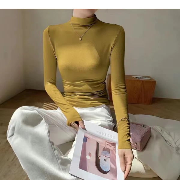 设计感小众温柔纯色上衣女春秋小个子保暖修身长袖德绒打底衫独特