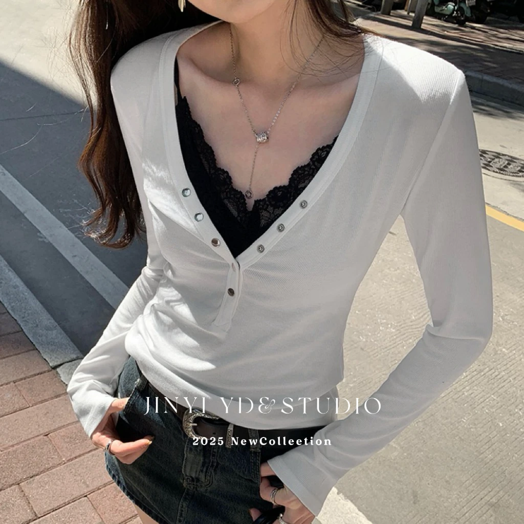 JINYI独特别致V领内搭修身白色打底衫女春秋季新 辣妹长袖T恤上衣