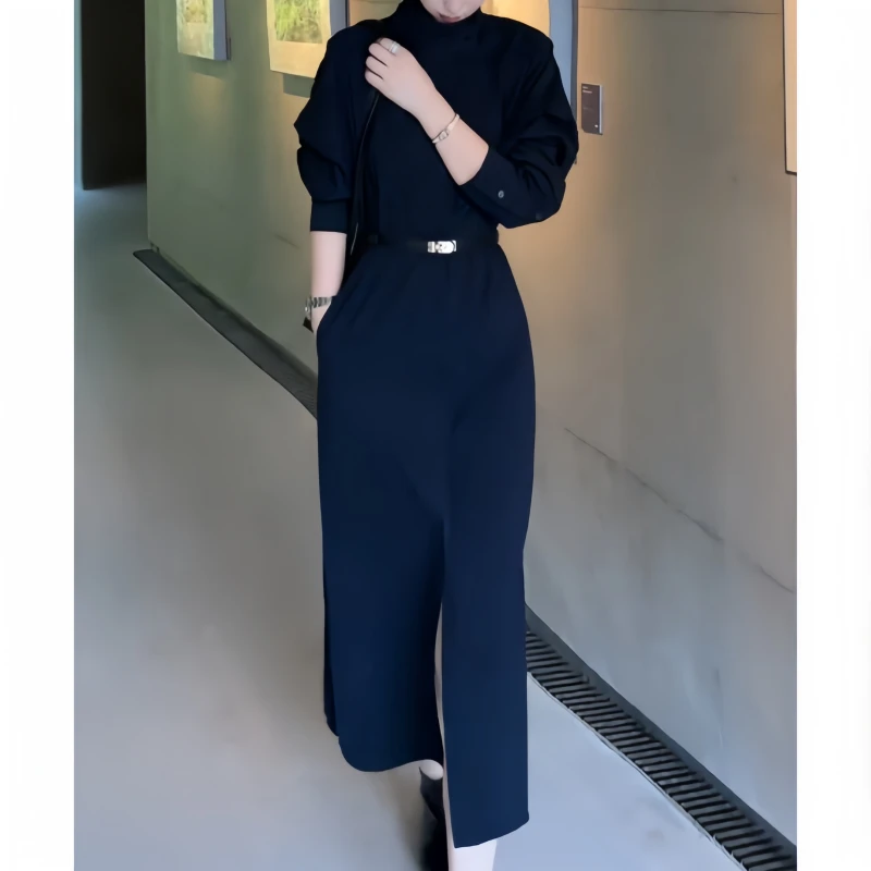 早秋法式开叉轻奢风高级感时尚风显瘦连衣裙收腰长袖衬衫版连衣裙