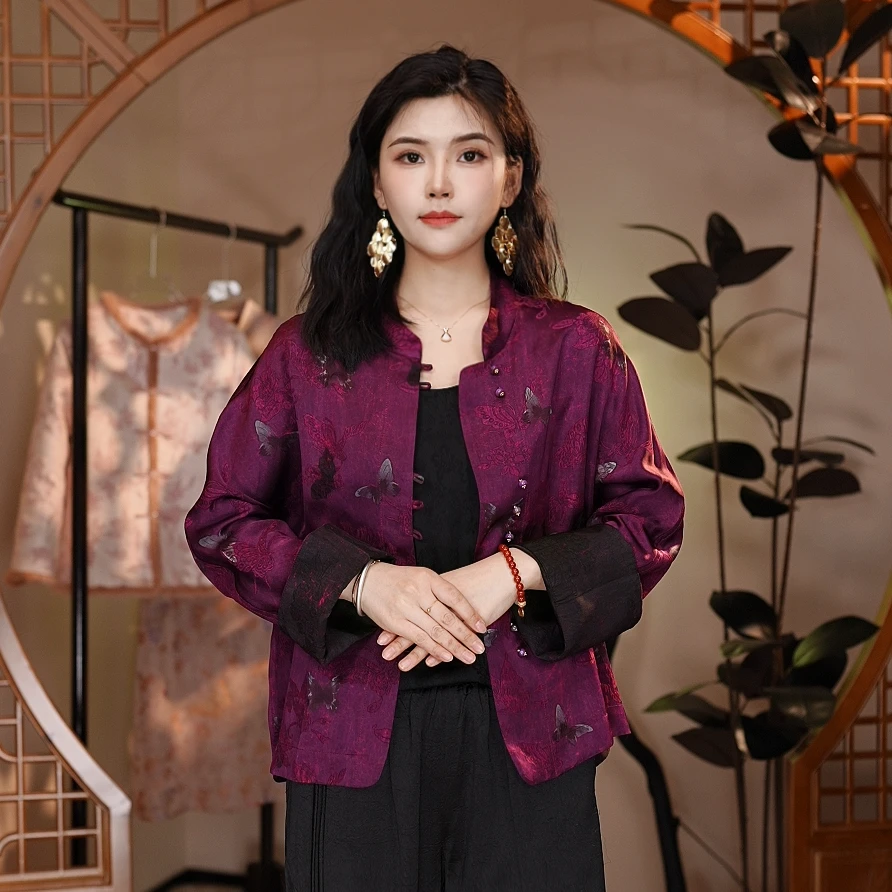 【斐韵】国风新中式提花印花长袖女士衬衫上衣香云纱外套女8968
