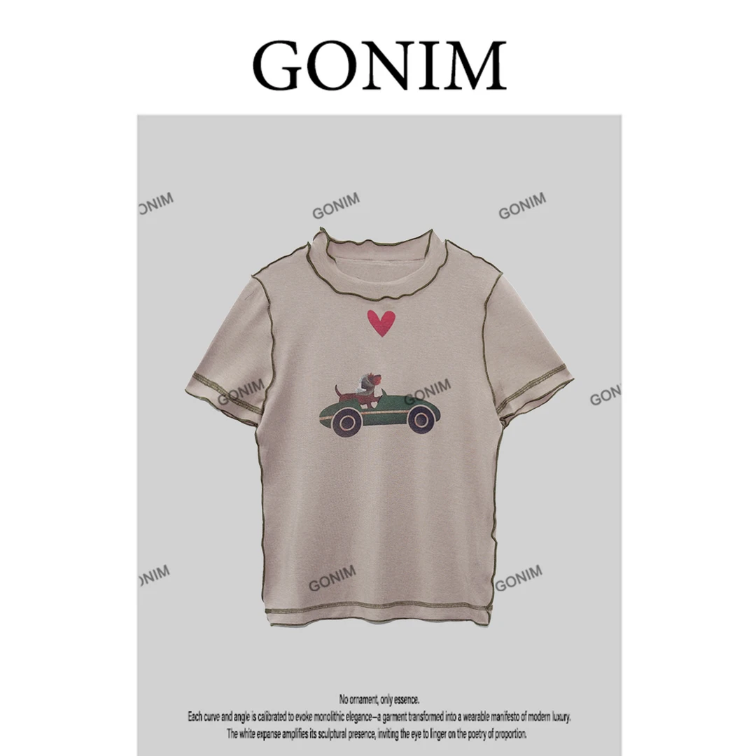 Gonim· “梦想car”2025春夏款高级优雅精致短袖小车时尚百搭T恤女