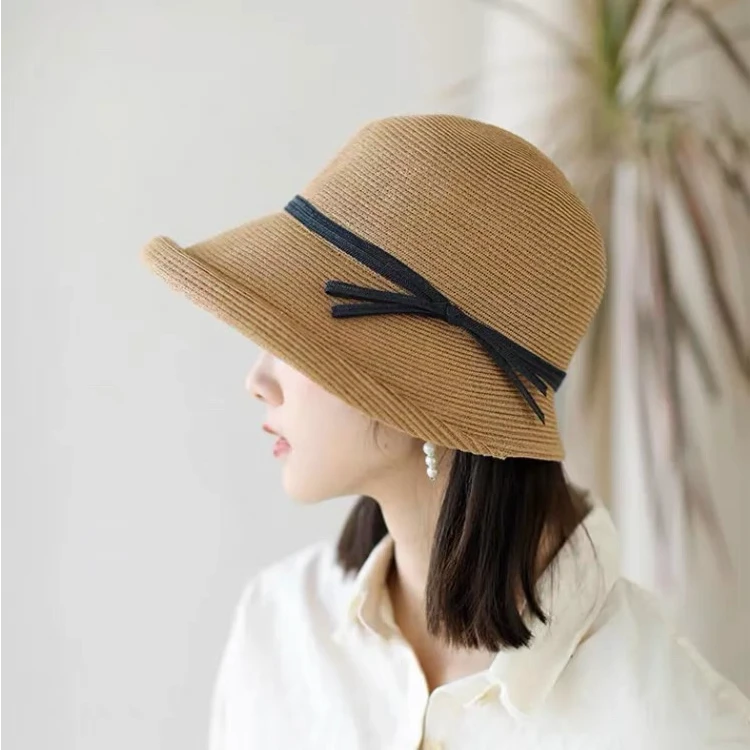 春夏季赫本风文艺简约遮阳帽女可折叠盆帽卷边渔夫帽子防晒太阳帽