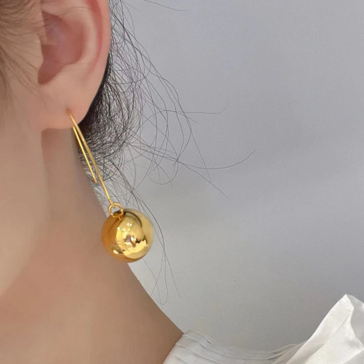 铜合金耳饰 金色光珠长款耳钩球球耳饰简约耳环送女友高级感礼物