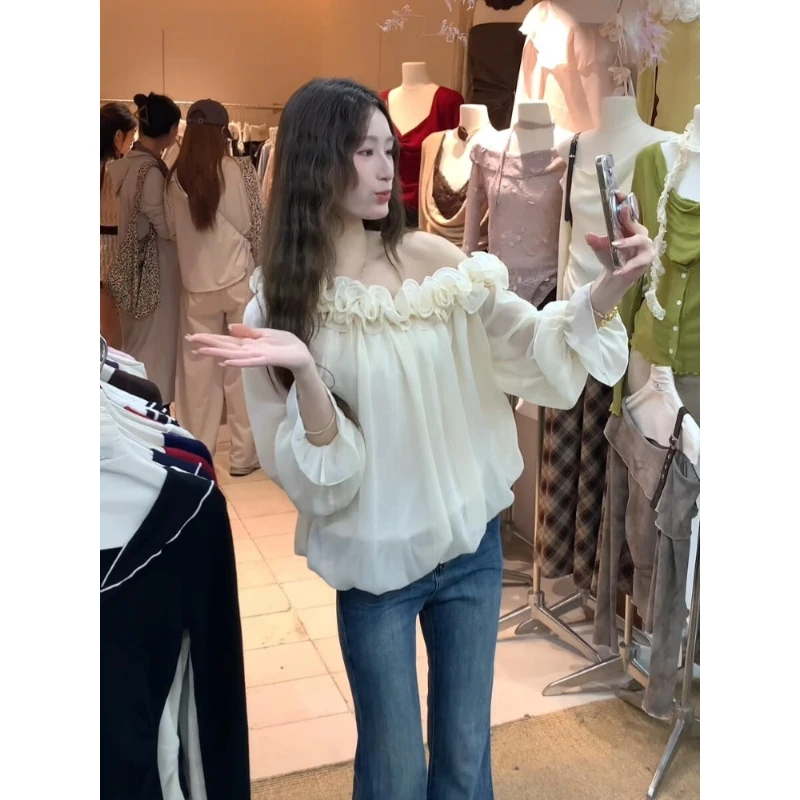 高端大气上档次仙气飘飘上衣气质高级感米白色斜肩花边衬衫女早秋