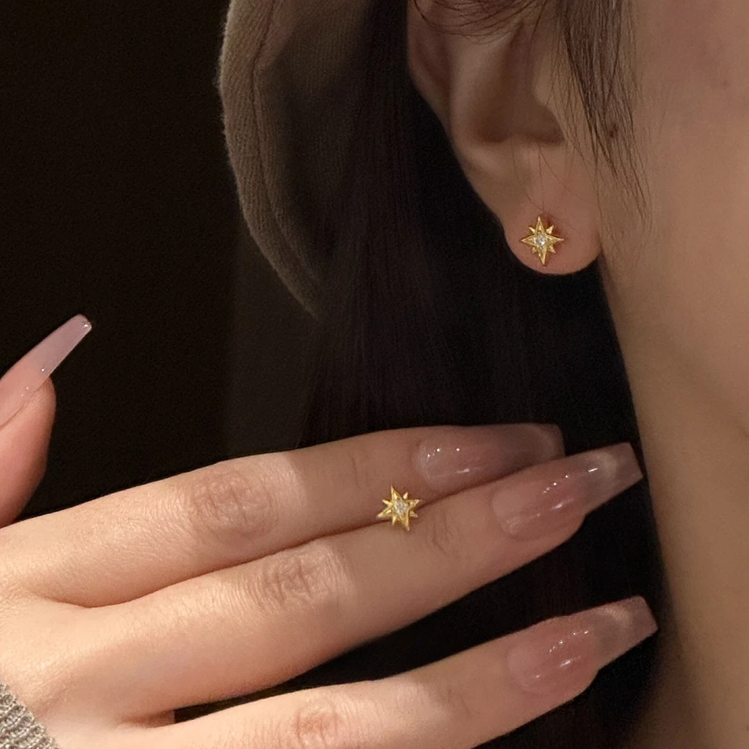 铜合金耳饰 vintager中古点钻八芒星mini耳钉女精致耳环耳饰精致