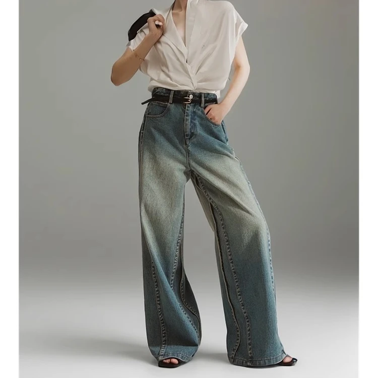 ZON-解构设计不规则剪裁牛仔裤女髙端复古水洗牛仔裤子PI24K176