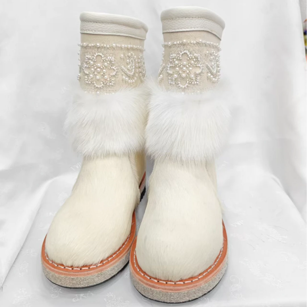 女士中低腰带貂皮装饰珠子装饰保暖防滑时尚民族风潮流款雪地靴