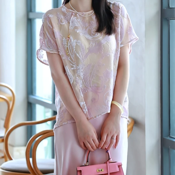 桑蚕丝烧花新中式夏季圆领气质温柔女上衣5977
