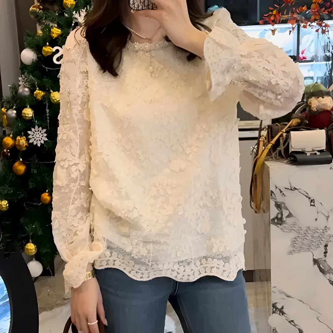 法式珍珠领轻奢蕾丝打底衫女2025春季新款纯色重工气质长袖衬衫