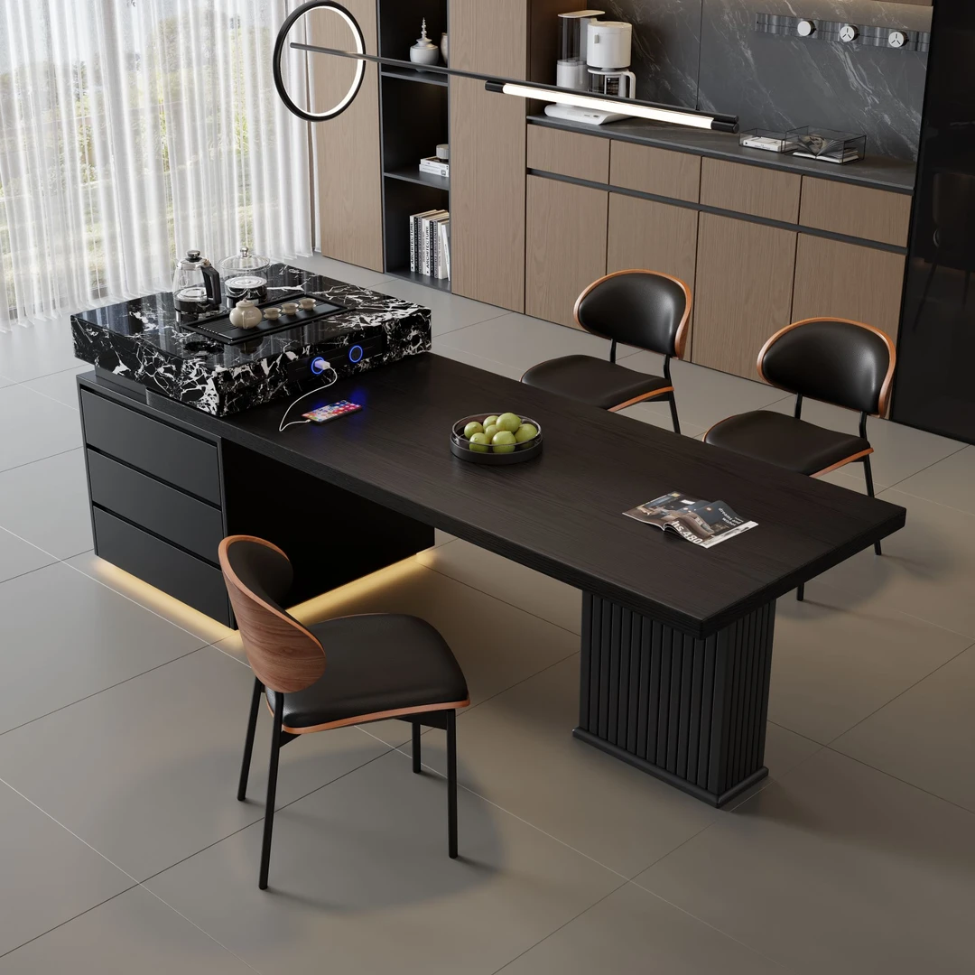 简约轻奢岛台一体餐桌椅岩板下挂家用可伸缩多功能岛台餐桌一体