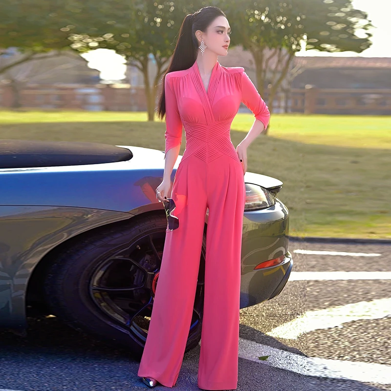 新款气质女神修身显瘦 夏季设计感褶子阔腿中袖连体裤