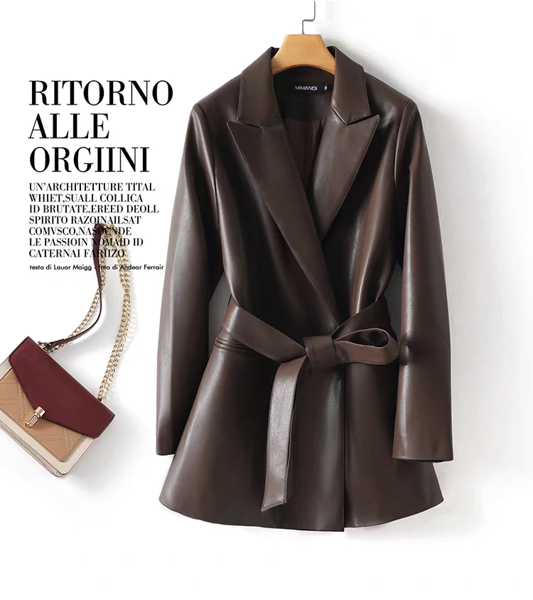 海宁真皮2025春秋新款宽松皮衣女显瘦遮臀西装夹克通勤外套中长款