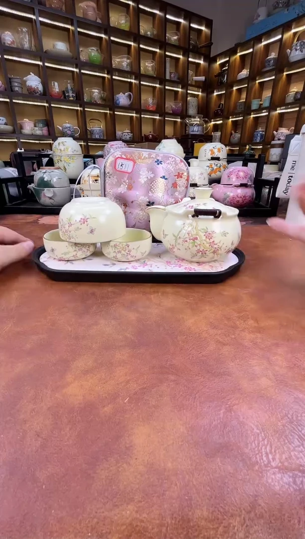 瓷片桃花1壶3杯宝瓶旅行+长方桃花盘