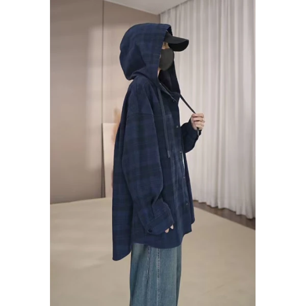 硕哥休闲连帽衬衫蓝黑拼色撞色下摆弧度设计感宽松开衫外套 26814