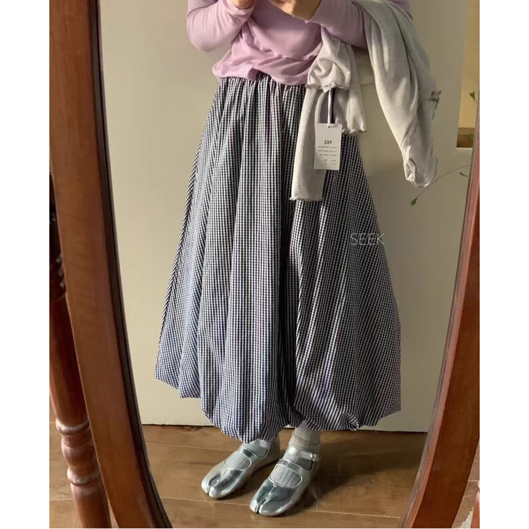 复古格子云朵花苞裙半身裙女春夏高腰显瘦a字蓬蓬灯笼裙中长裙子