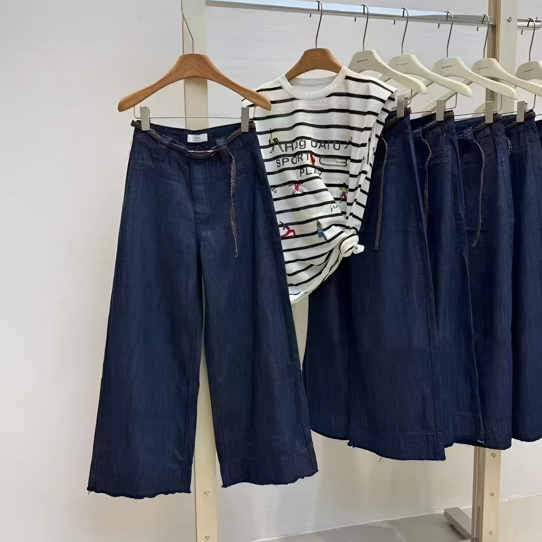 夏季新款莱赛尔天丝九分裤女阔腿牛仔裤中高腰显瘦收胯百搭牛仔裤