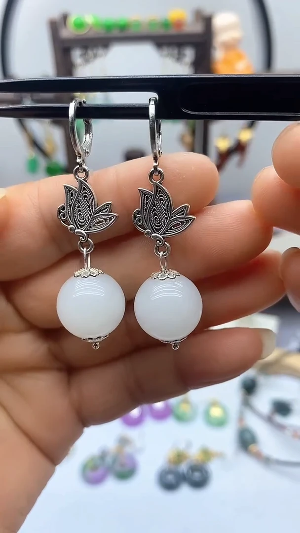 和田玉银S925镶嵌耳饰157