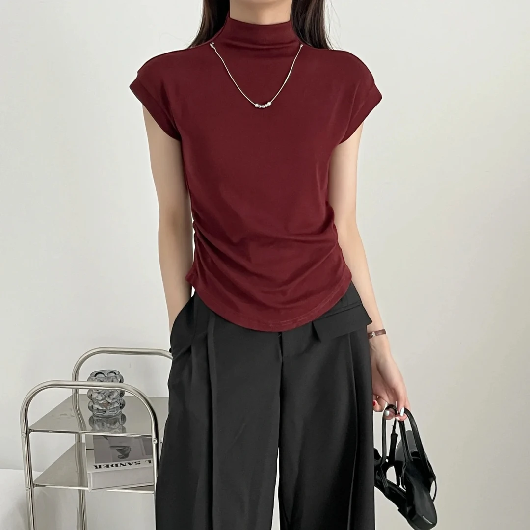 （伍老师身上同款)2025女装春季气质正肩收腰显瘦半高领女士t恤