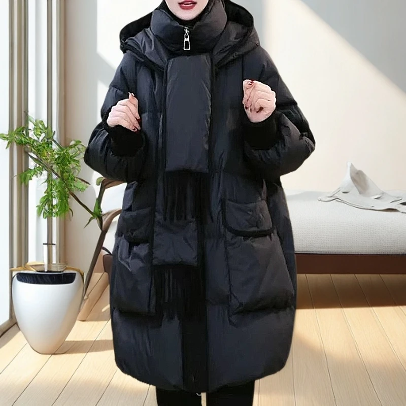 棉袄中长款时尚连帽宽松加厚保暖韩版黑色大码妈妈装高级居家休闲