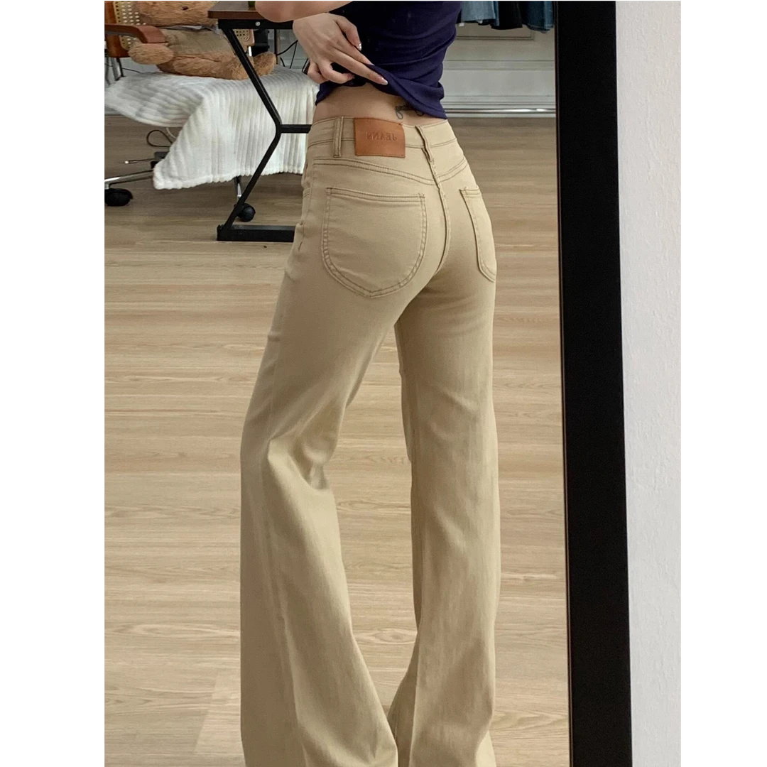 拉夏贝尔卡其色低腰微喇牛仔裤女春秋韩版简约宽松百搭阔腿喇叭裤