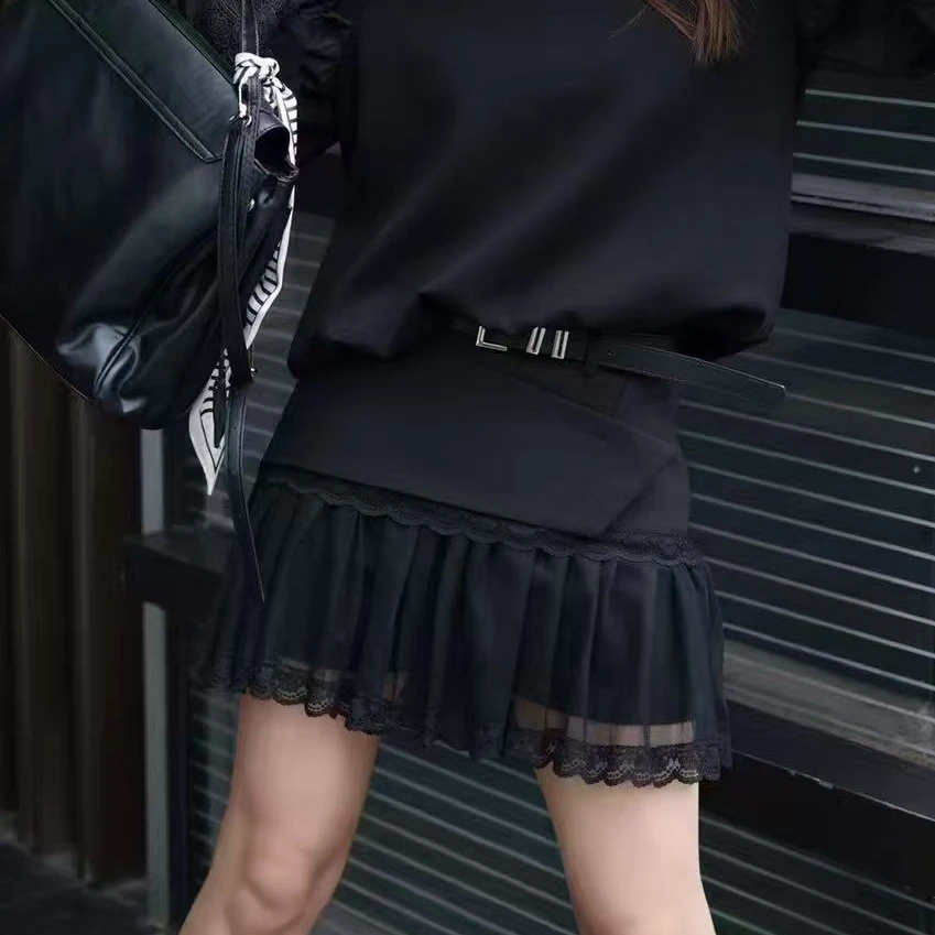 2149#网纱拼接半身裙女早春新款腰带蕾丝边A字裙短裙欧货洋气裙子