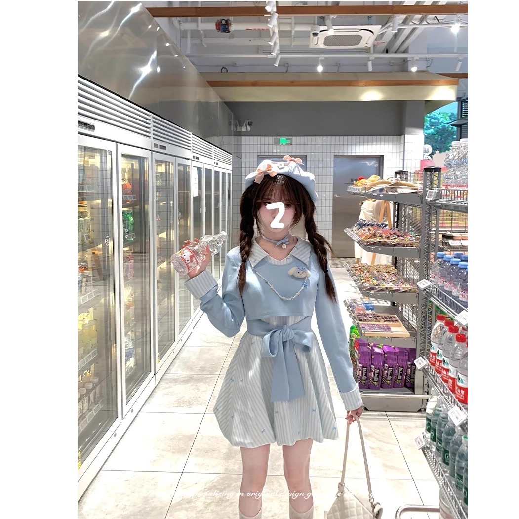 【蓝海少女】甜美风拼接假两件连衣裙女初秋可爱减龄花苞短裙