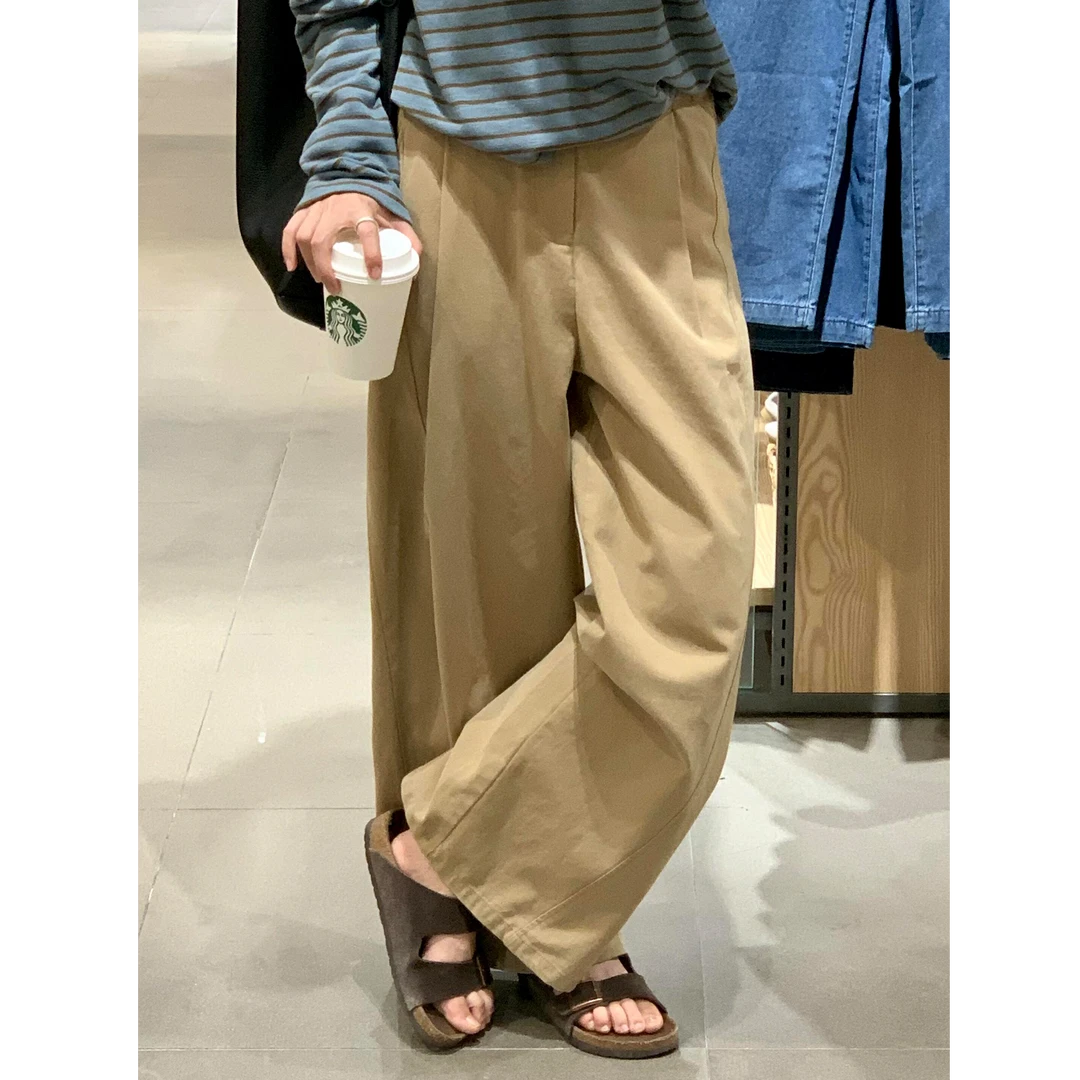 卡其色工装休闲阔腿裤女秋新款胖妹妹大码梨形身材高腰遮胯休闲裤