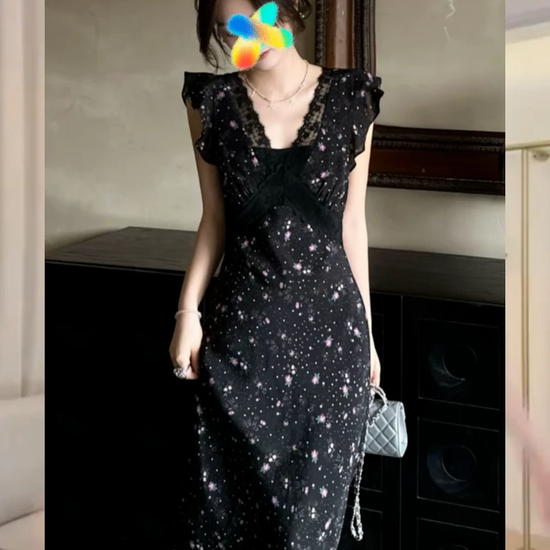 2025夏蕾丝拼接收腰花朵连衣裙长款碎花裙子