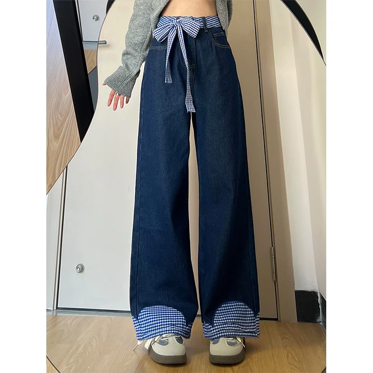 高级感设计拼接蝴蝶结牛仔裤女春季2025新爆款高腰宽松阔腿长裤子