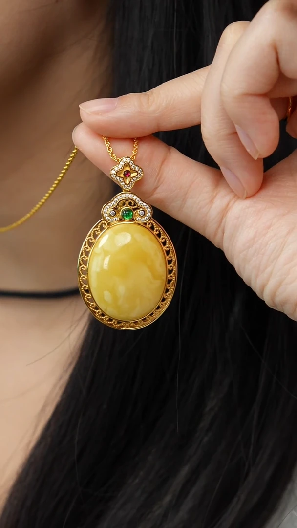 蜜蜡吊坠(赠链)银S925镶嵌-30mm蛋面