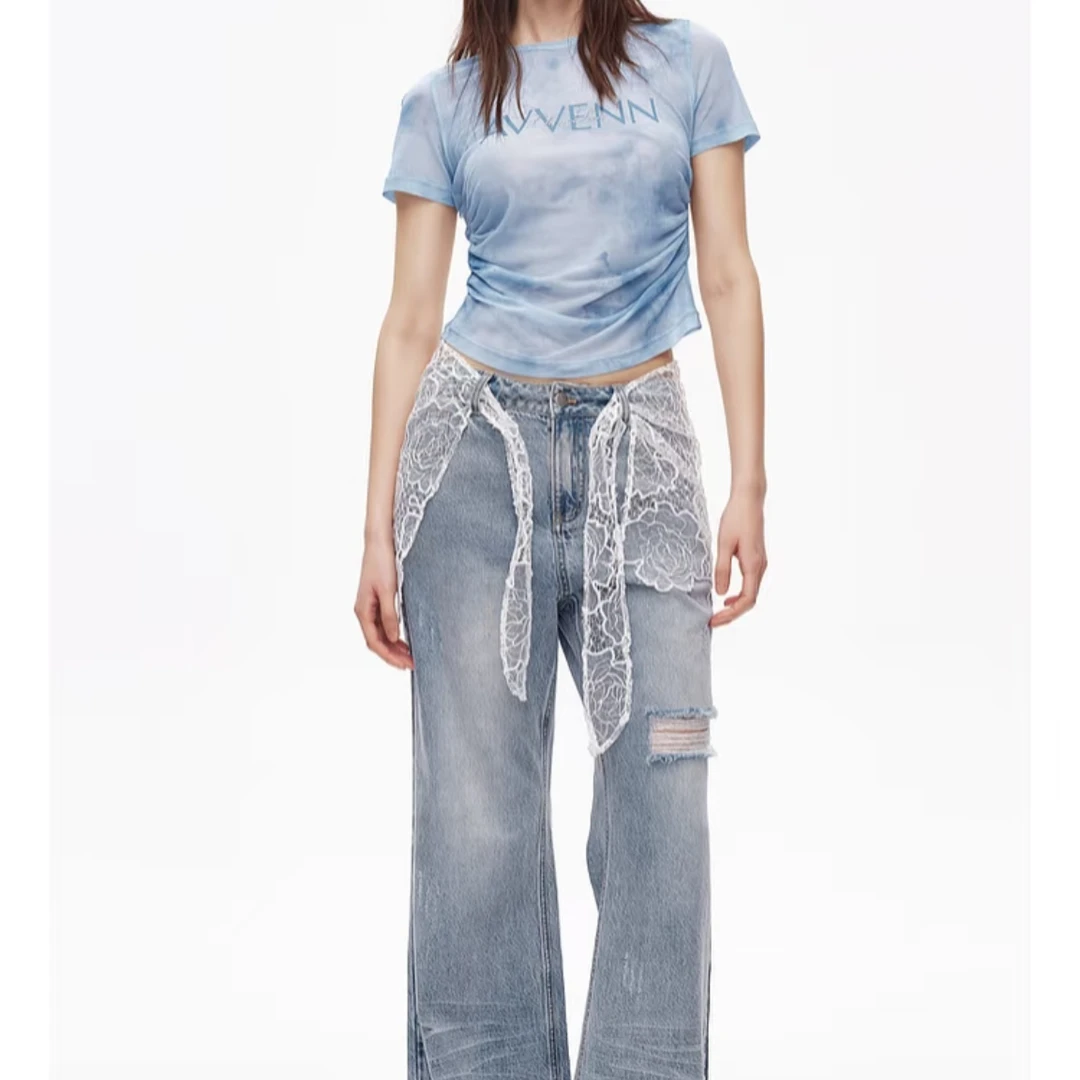 AVVENN 春季新品时尚休闲网纱屁帘破洞直筒牛仔裤AL31302641